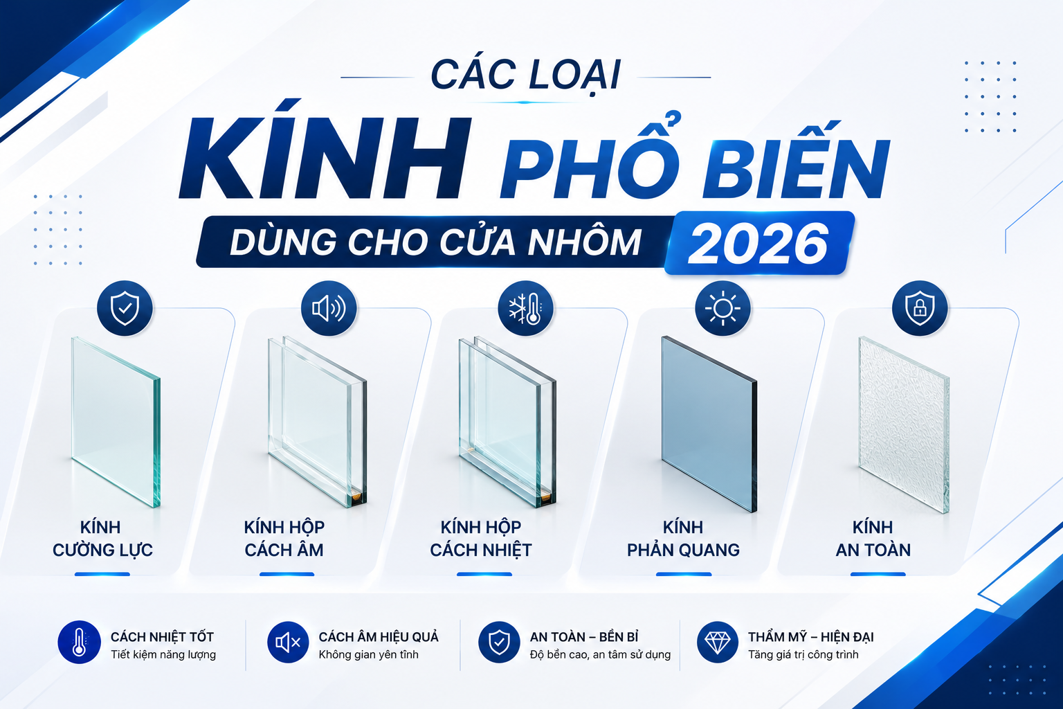 Các loại kính phổ biến dùng cho cửa nhôm năm 2026  