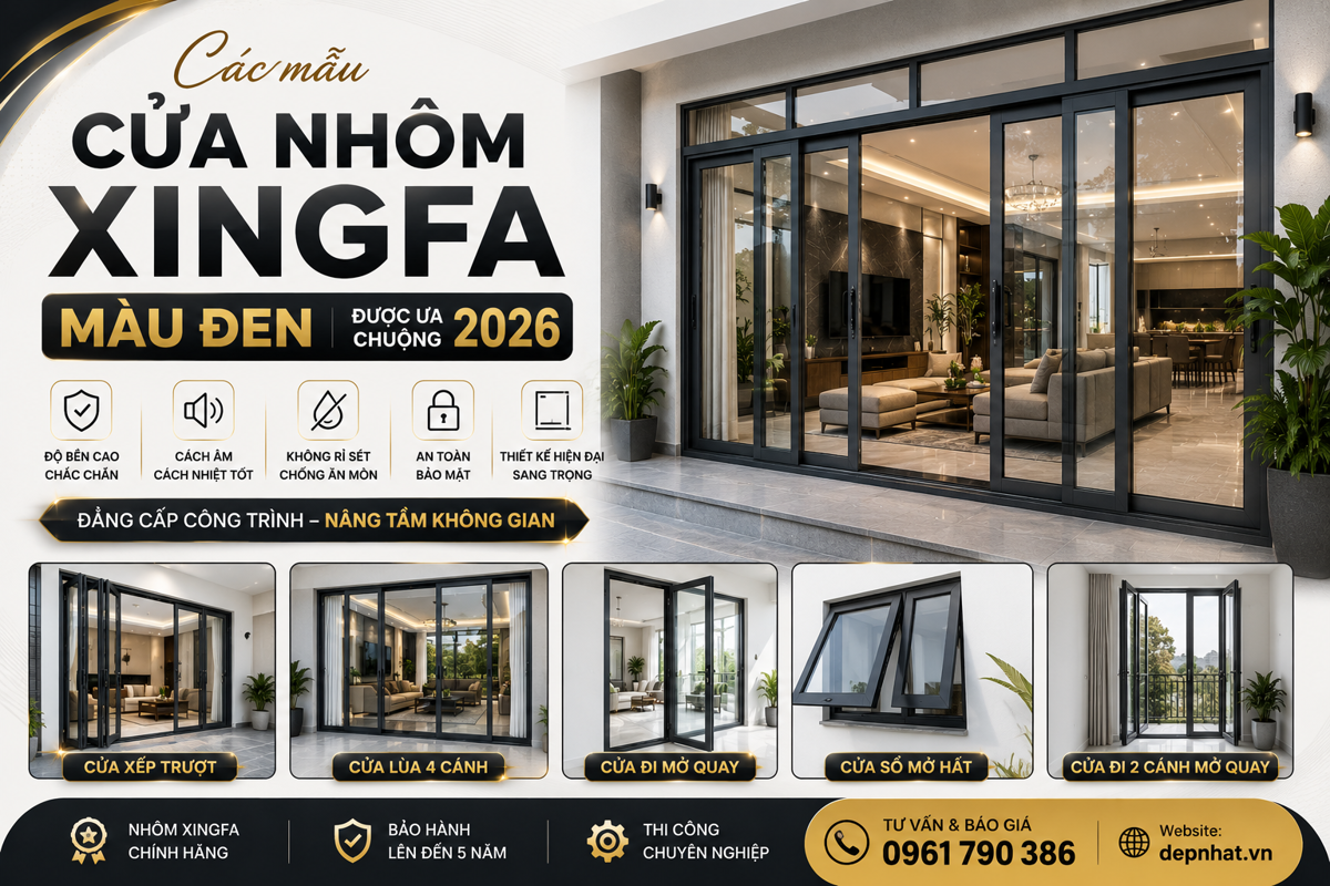 Các mẫu cửa nhôm xingfa màu đen được ưa chuộng 2026