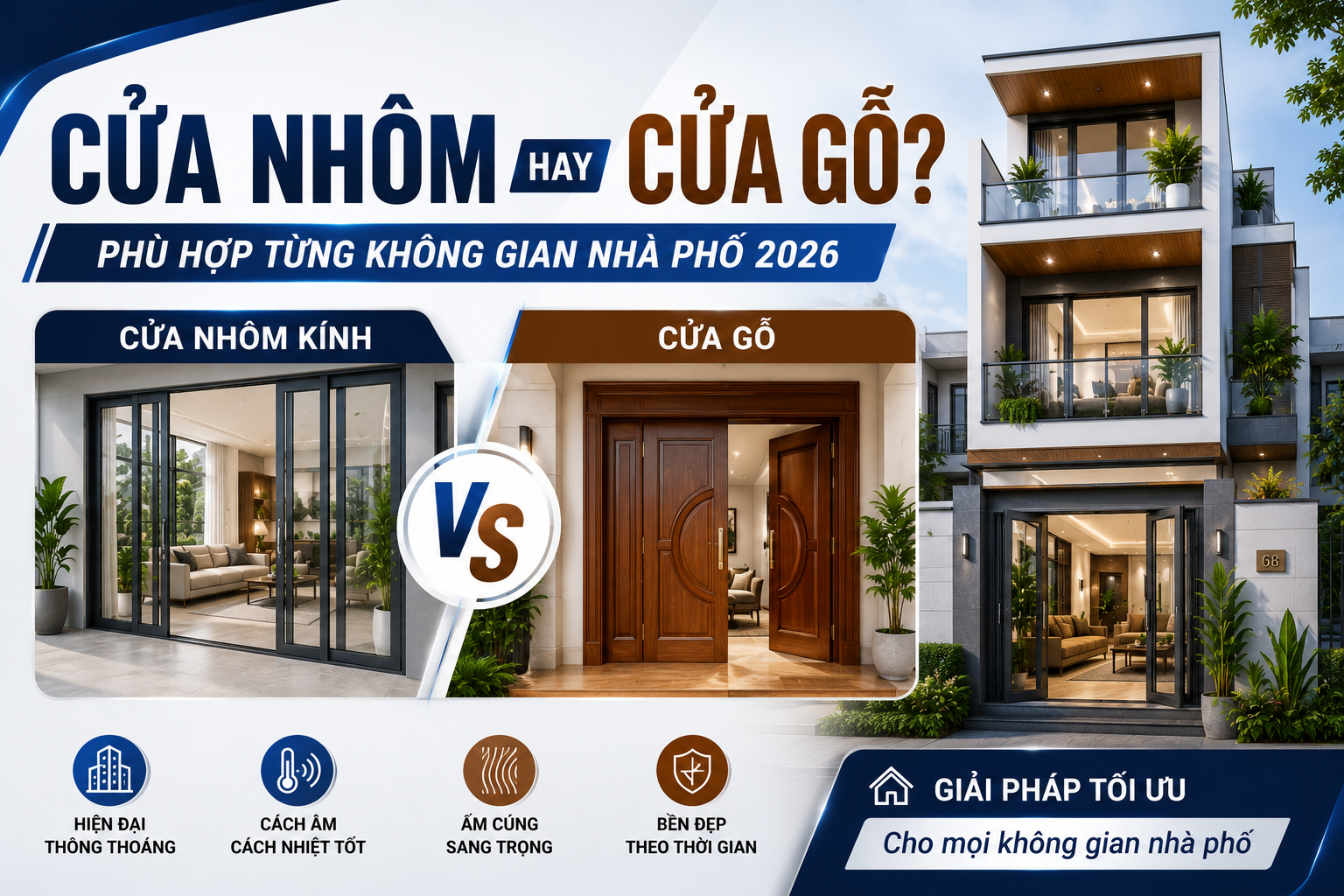Cửa nhôm hay cửa gỗ? Phù hợp từng không gian nhà phố 2026
