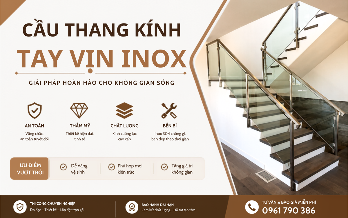 Top 25+ mẫu cầu thang kính trụ inox xu hướng trong năm 2026