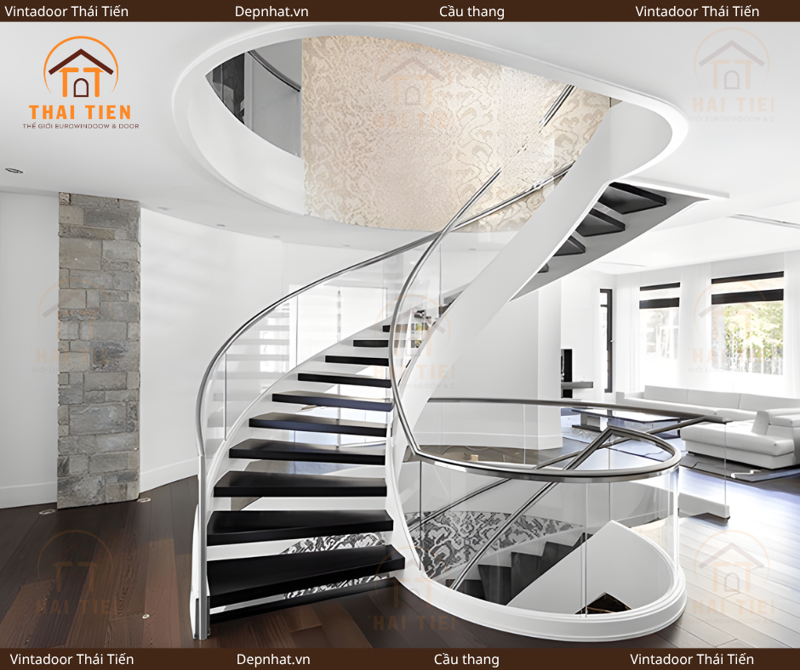 Cầu thang kính cường lực uốn cong