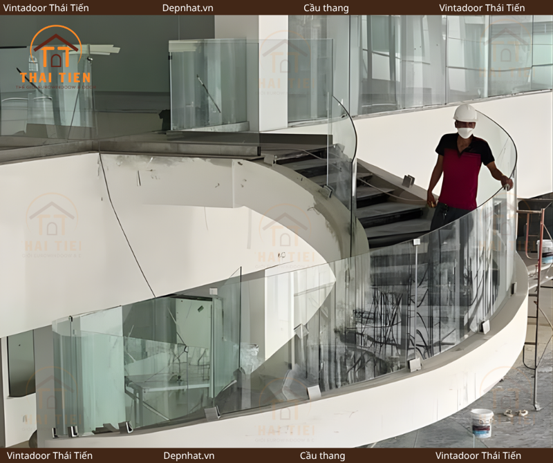 Cầu thang kính cường lực uốn cong