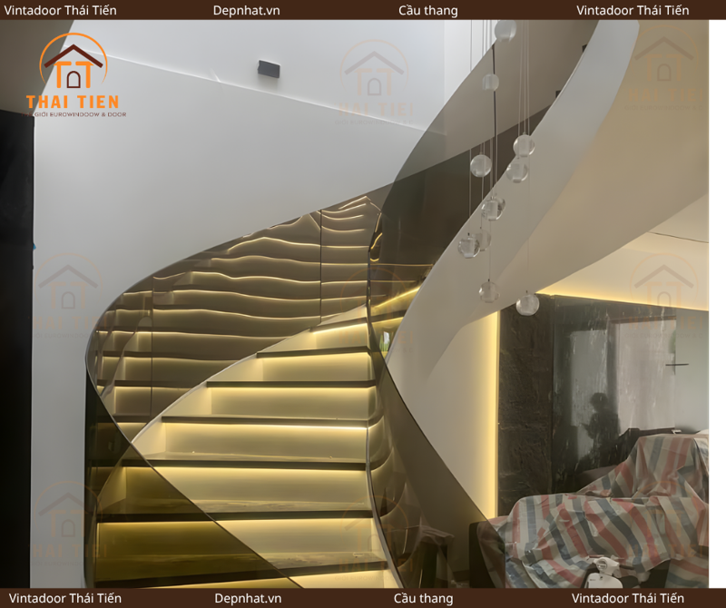 Cầu thang kính cường lực uốn cong