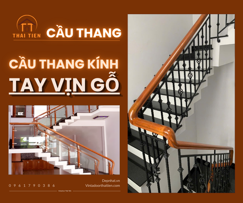 Cầu thang kính tay vịn gỗ