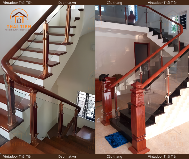 Cầu thang kính tay vịn gỗ