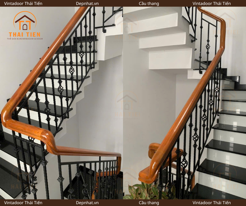 Cầu thang kính tay vịn gỗ
