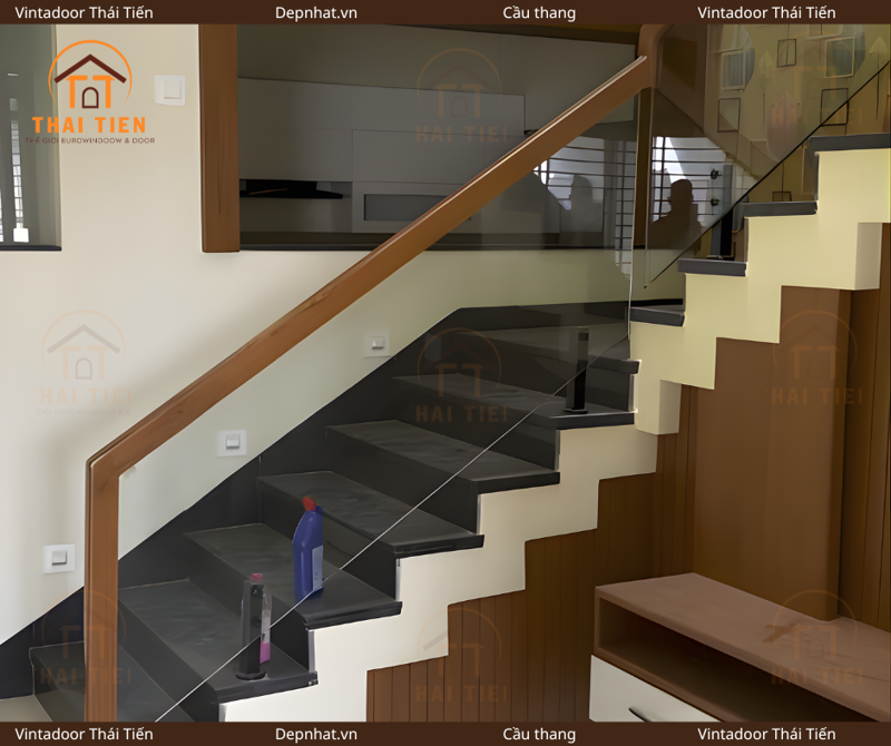 Cầu thang kính tay vịn gỗ