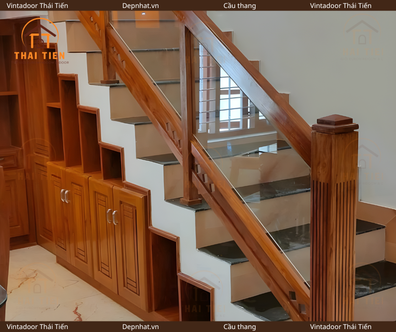 Cầu thang kính tay vịn gỗ