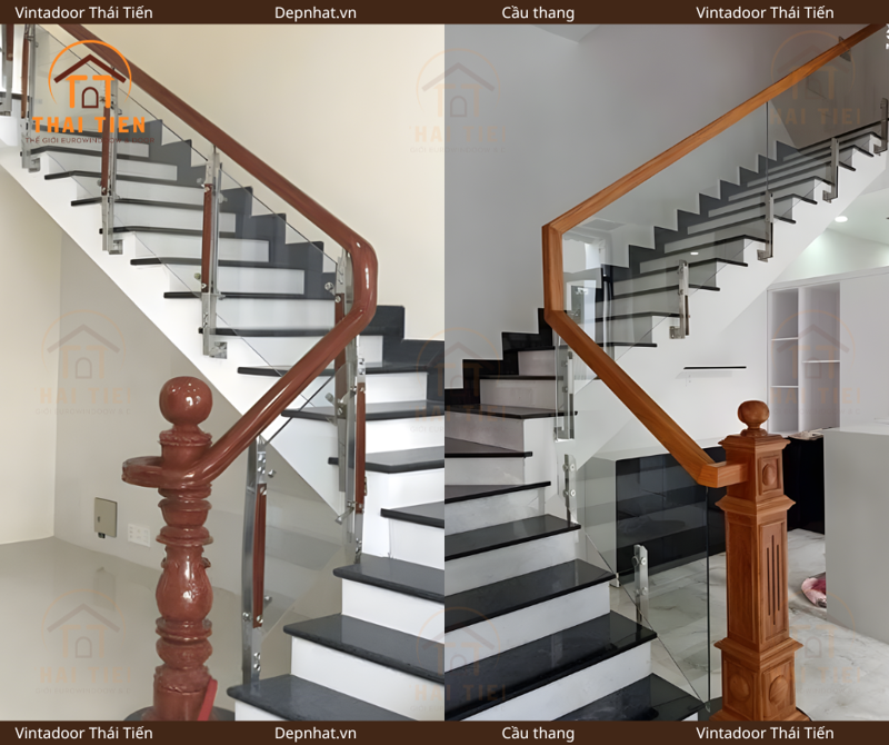 Cầu thang kính tay vịn gỗ