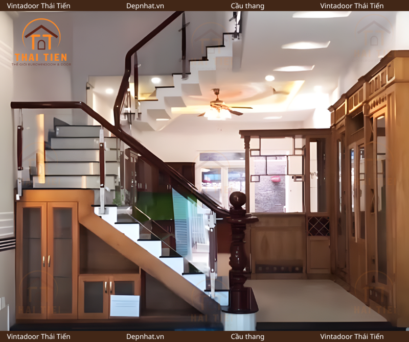 Cầu thang kính tay vịn gỗ