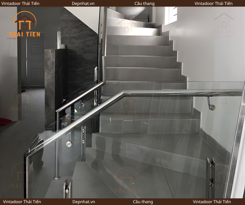 Cầu thang kính tay vịn inox