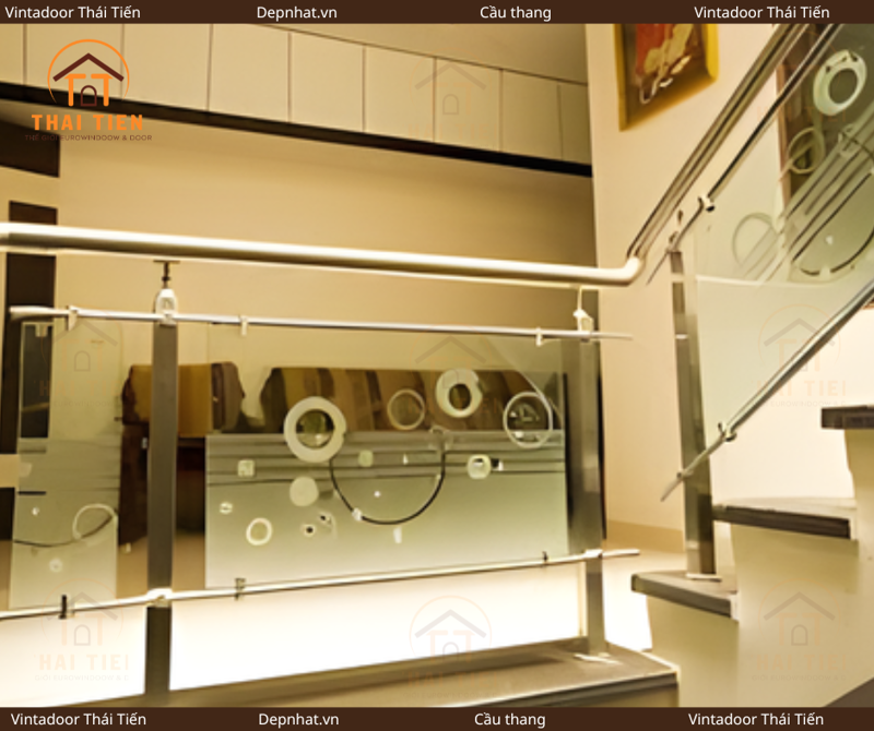Cầu thang kính tay vịn inox