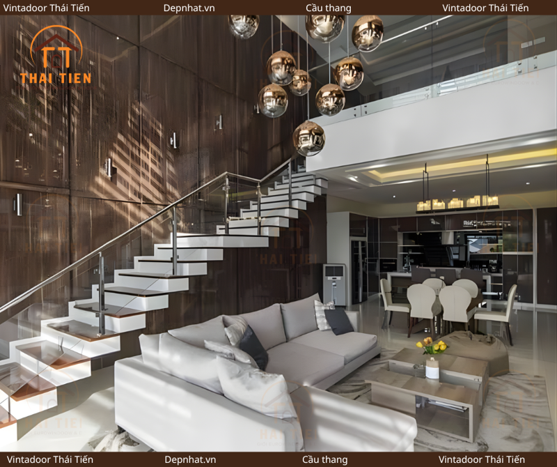 Cầu thang kính tay vịn inox