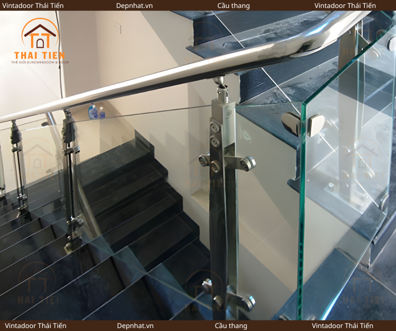 Cầu thang kính tay vịn inox