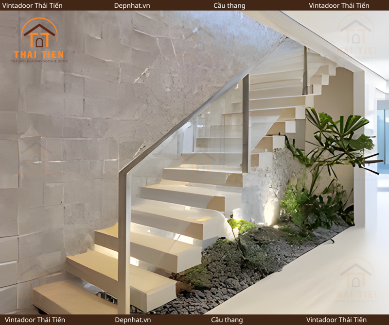 Cầu thang kính tay vịn inox