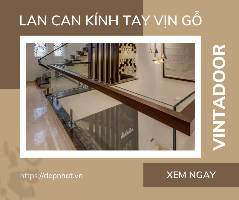 Lan can kính tay vịn gỗ 