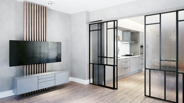 Vách kính ngăn phòng bếp và phòng khách