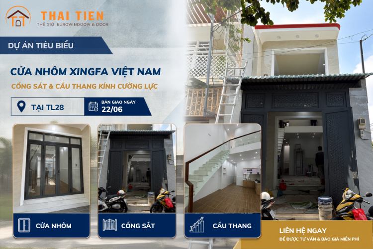 Thi công cửa nhôm Xingfa Việt Nam, cổng sắt & cầu thang kính cường lực tại TL28 – Bàn giao ngày 22/06