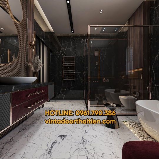 Vách kính phòng tắm khung viền inox mạ vàng